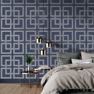 Belgravia Metallic Amara Square Wallpaper - Navy/Silver