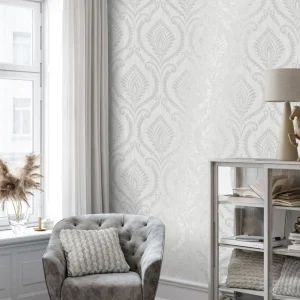 Crown Estelle Damask Wallpaper - Grey