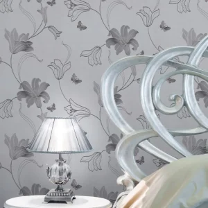 Muriva Couture Amelia Butterfly Wallpaper - Silver/Gunmetal
